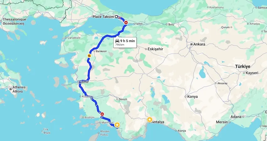 Itinerary by car to Fethiye from Taksim Square, in the heart of Istanbul